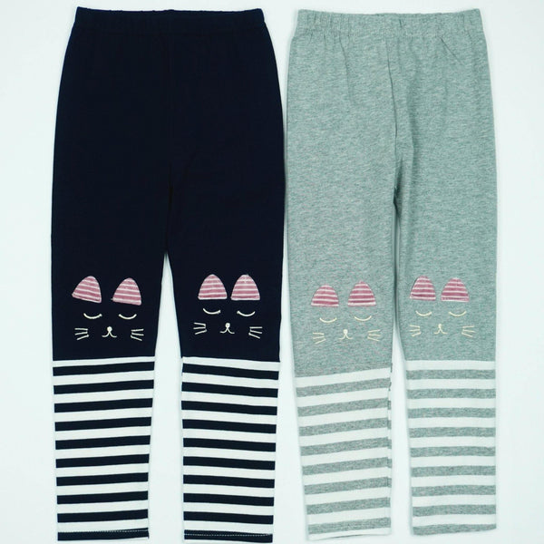 Girls' Cat ' Striped Leggings Navy Blue/Light Grey (4-7y) - Clothes4Kids
