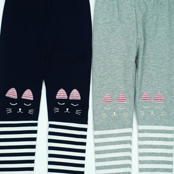 Girls' Cat ' Striped Leggings Navy Blue/Light Grey (4-7y) - Clothes4Kids