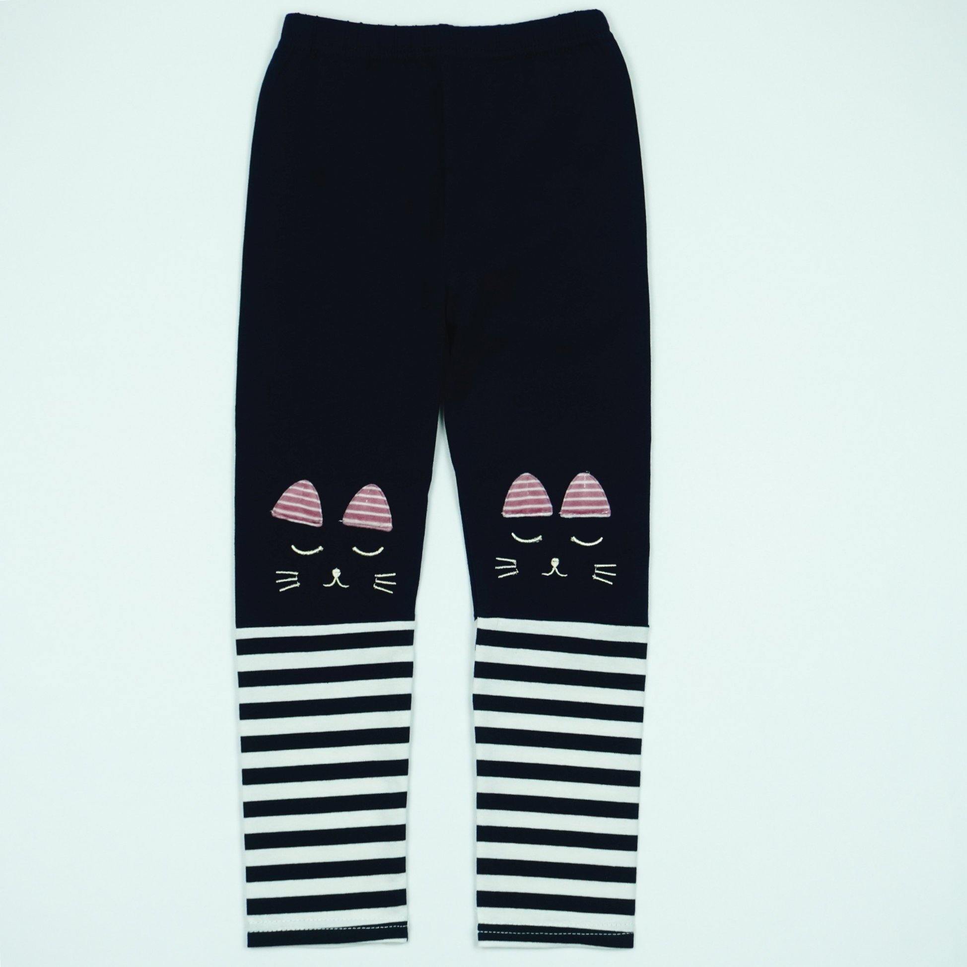 Girls' Cat ' Striped Leggings Navy Blue/Light Grey (4-7y) - Clothes4Kids
