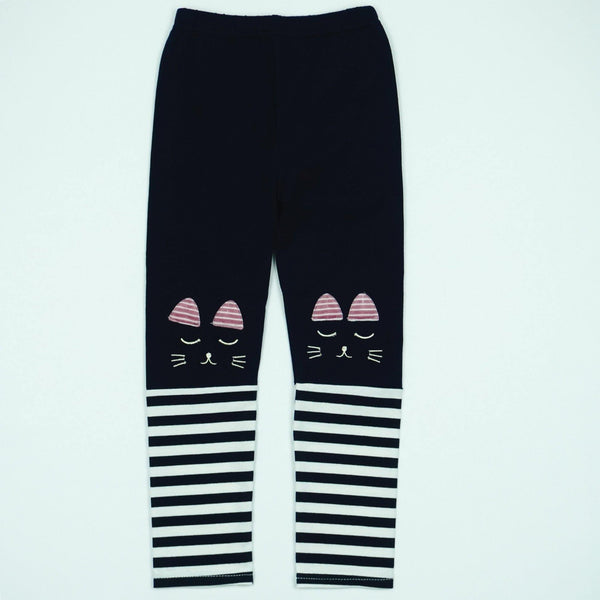 Girls' Cat ' Striped Leggings Navy Blue/Light Grey (4-7y) - Clothes4Kids