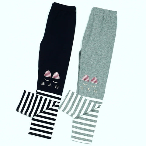 Girls' Cat ' Striped Leggings Navy Blue/Light Grey (4-7y) - Clothes4Kids