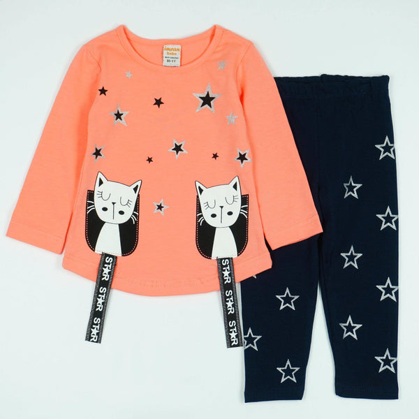 Baby Girl ' Cats and Stars' Printed Peach/Navy Blue Set (6-24m) - Clothes4Kids