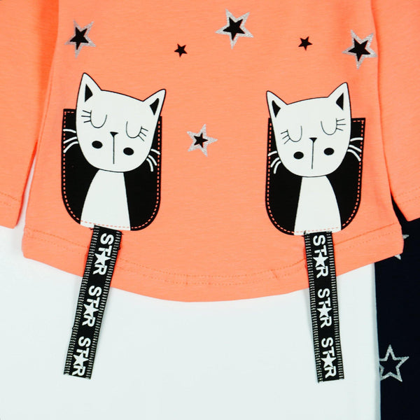 Baby Girl ' Cats and Stars' Printed Peach/Navy Blue Set (6-24m) - Clothes4Kids