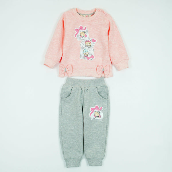 Girls' Teddy Bear' Printed Pink Melange/Grey Tracksuit (6m-3y) - Clothes4Kids