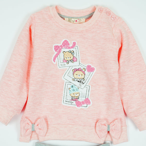 Girls' Teddy Bear' Printed Pink Melange/Grey Tracksuit (6m-3y) - Clothes4Kids