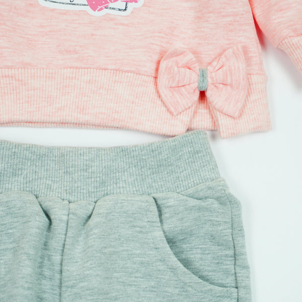Girls' Teddy Bear' Printed Pink Melange/Grey Tracksuit (6m-3y) - Clothes4Kids