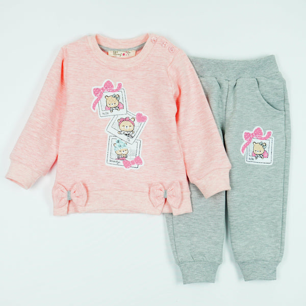 Girls' Teddy Bear' Printed Pink Melange/Grey Tracksuit (6m-3y) - Clothes4Kids