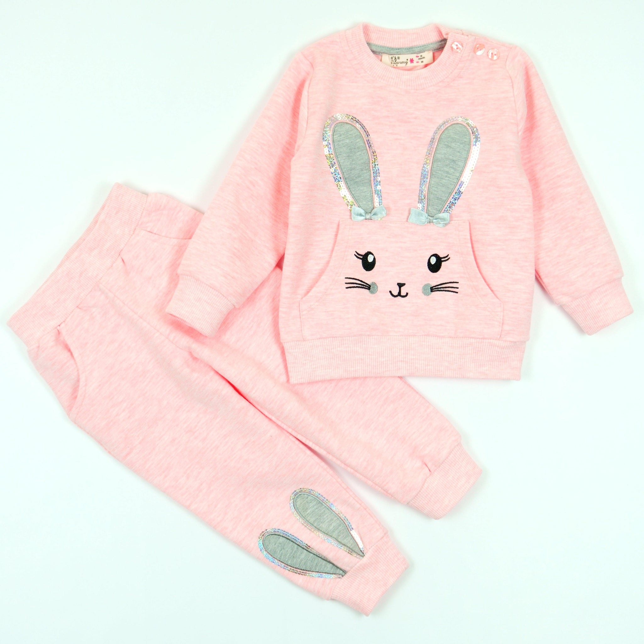 Girls' Sequin Bunny Pink Melange Tracksuit (9m-3y) - Clothes4Kids