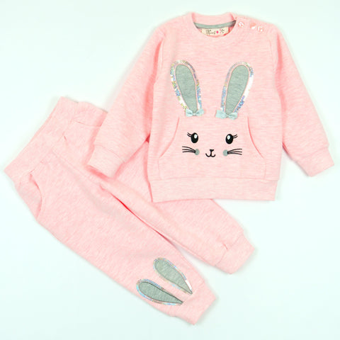 Girls' Sequin Bunny Pink Melange Tracksuit (9m-3y) - Clothes4Kids