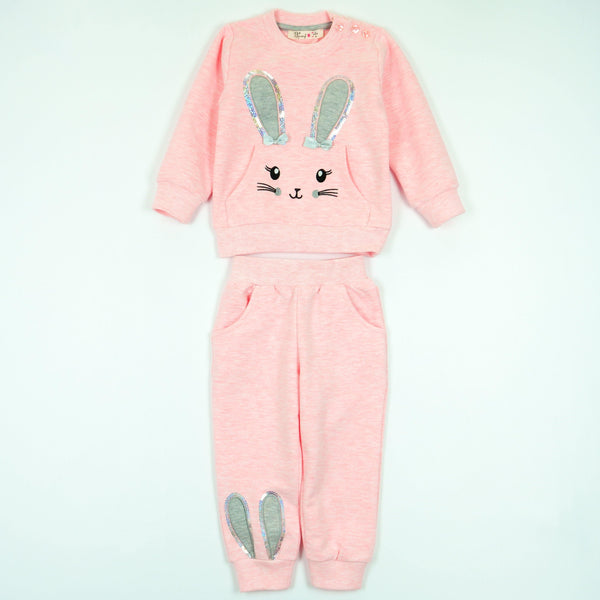 Girls' Sequin Bunny Pink Melange Tracksuit (9m-3y) - Clothes4Kids