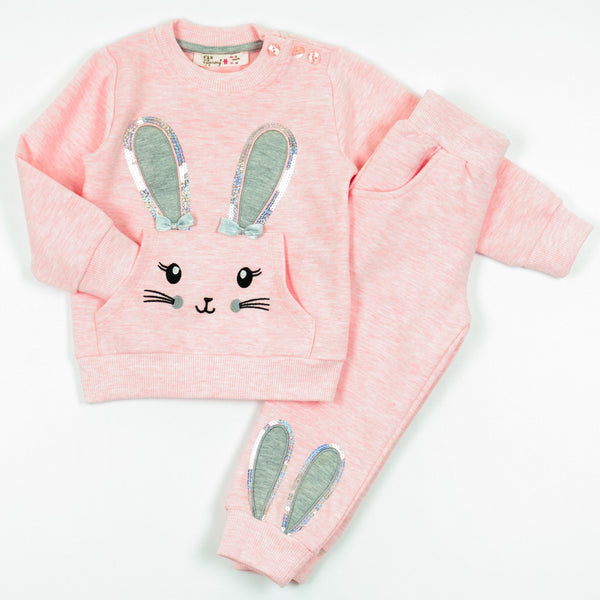 Girls' Sequin Bunny Pink Melange Tracksuit (9m-3y) - Clothes4Kids