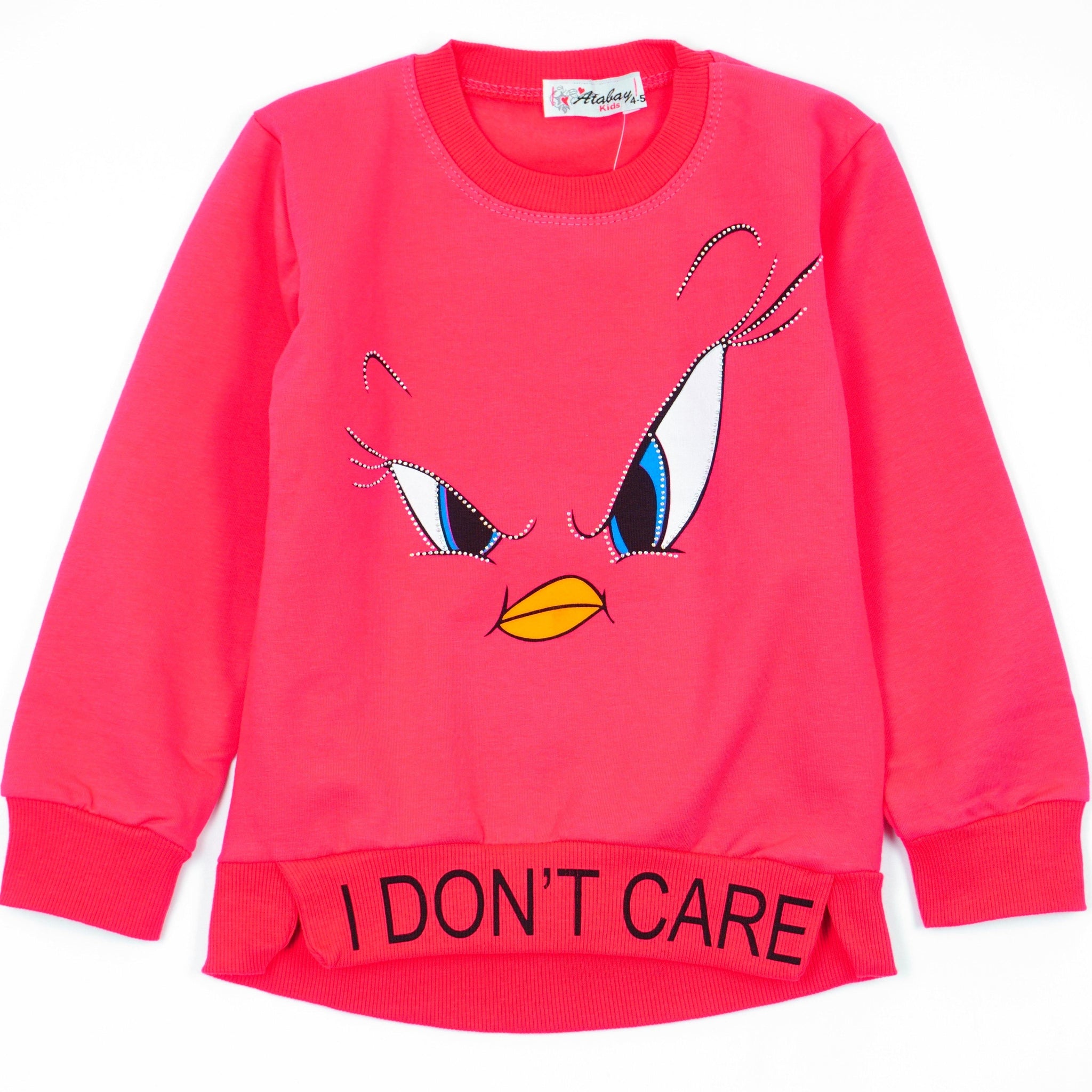 Girls' I Don't Care' Bird Printed Long Sleeve Peach/ Pink Sweatshirt (3-7y) - Clothes4Kids