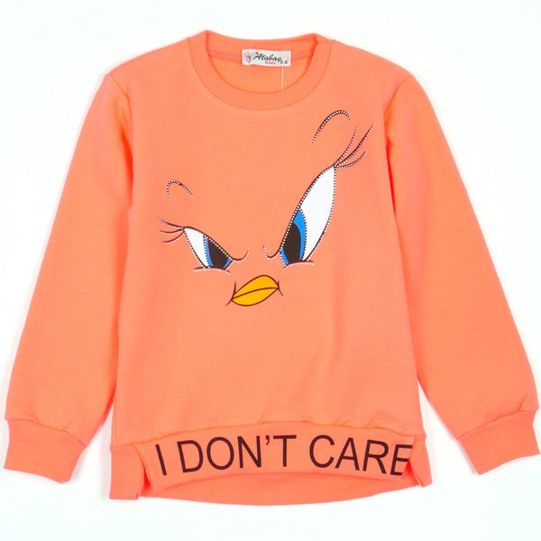 Girls' I Don't Care' Bird Printed Long Sleeve Peach/ Pink Sweatshirt (3-7y) - Clothes4Kids
