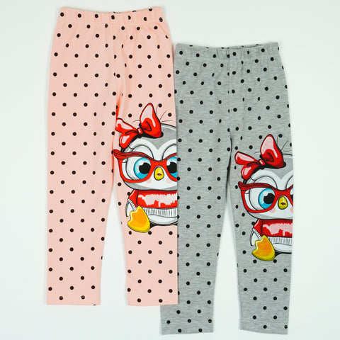 Girls' Polka Dot ' Penguin ' Printed Light Peach / Grey Leggings (9m-4y)