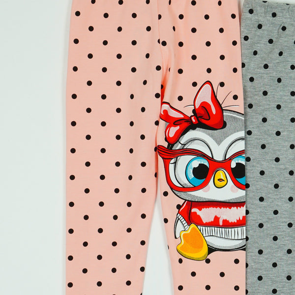 Girls' Polka Dot ' Penguin ' Printed Light Peach / Grey Leggings (9m-4y)
