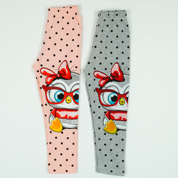 Girls' Polka Dot ' Penguin ' Printed Light Peach / Grey Leggings (9m-4y)