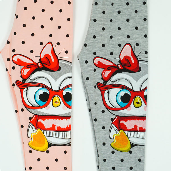 Girls' Polka Dot ' Penguin ' Printed Light Peach / Grey Leggings (9m-4y)