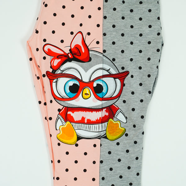 Girls' Polka Dot ' Penguin ' Printed Light Peach / Grey Leggings (9m-4y)