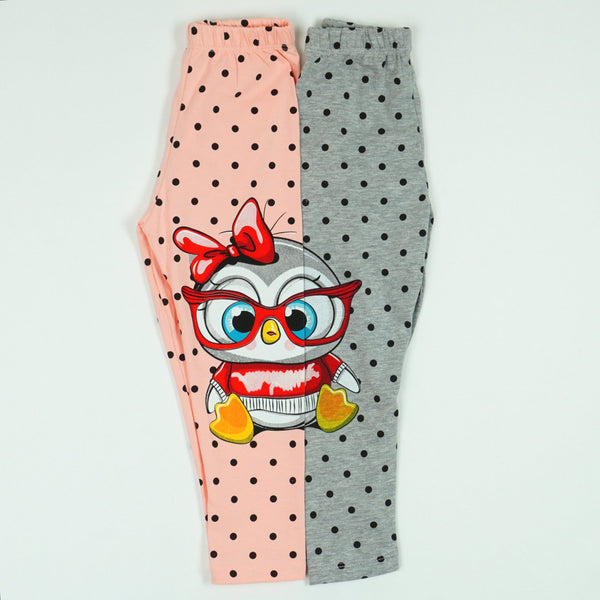 Girls' Polka Dot ' Penguin ' Printed Light Peach / Grey Leggings (9m-4y)
