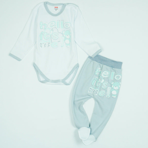 Baby ' Hello It's Me' Printed Unisex Light Grey/Khaki/Blue 2pcs Set (0-18m) - Clothes4Kids