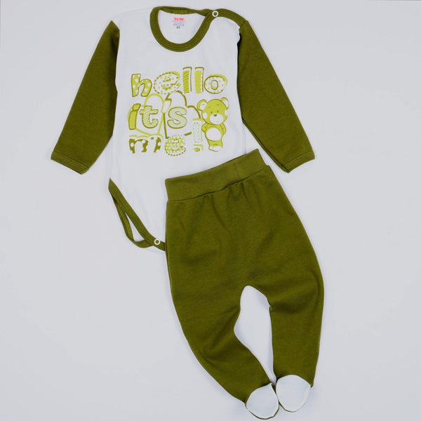 Baby ' Hello It's Me' Printed Unisex Light Grey/Khaki/Blue 2pcs Set (0-18m) - Clothes4Kids