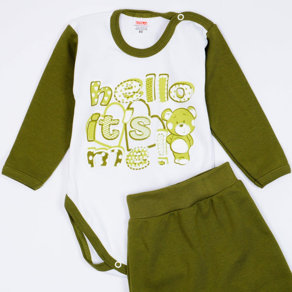Baby ' Hello It's Me' Printed Unisex Light Grey/Khaki/Blue 2pcs Set (0-18m) - Clothes4Kids