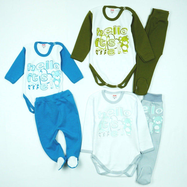 Baby ' Hello It's Me' Printed Unisex Light Grey/Khaki/Blue 2pcs Set (0-18m) - Clothes4Kids