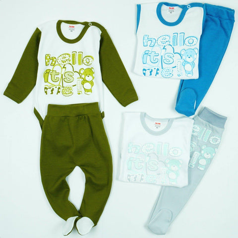Baby ' Hello It's Me' Printed Unisex Light Grey/Khaki/Blue 2pcs Set (0-18m) - Clothes4Kids