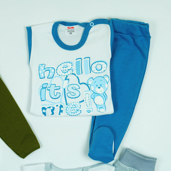Baby ' Hello It's Me' Printed Unisex Light Grey/Khaki/Blue 2pcs Set (0-18m) - Clothes4Kids