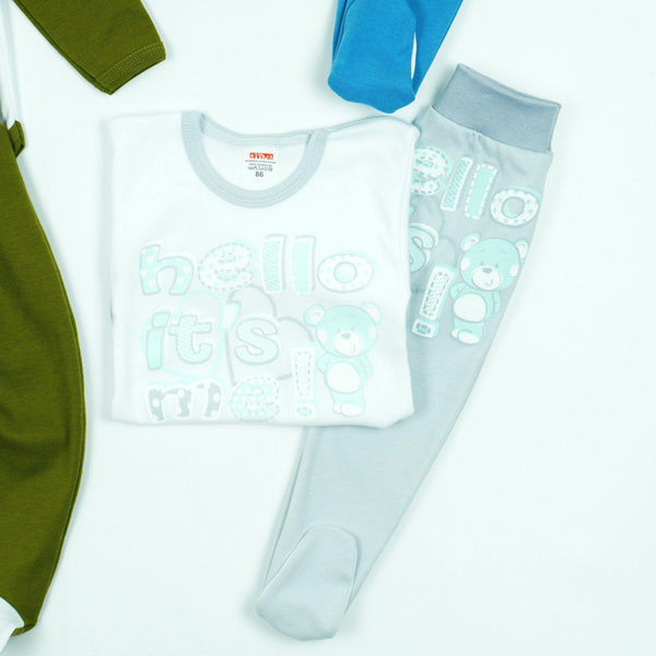 Baby ' Hello It's Me' Printed Unisex Light Grey/Khaki/Blue 2pcs Set (0-18m) - Clothes4Kids