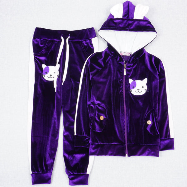 Girls' Velour Cat Tracksuit Pink/Violet  (3-10y) - Clothes4Kids