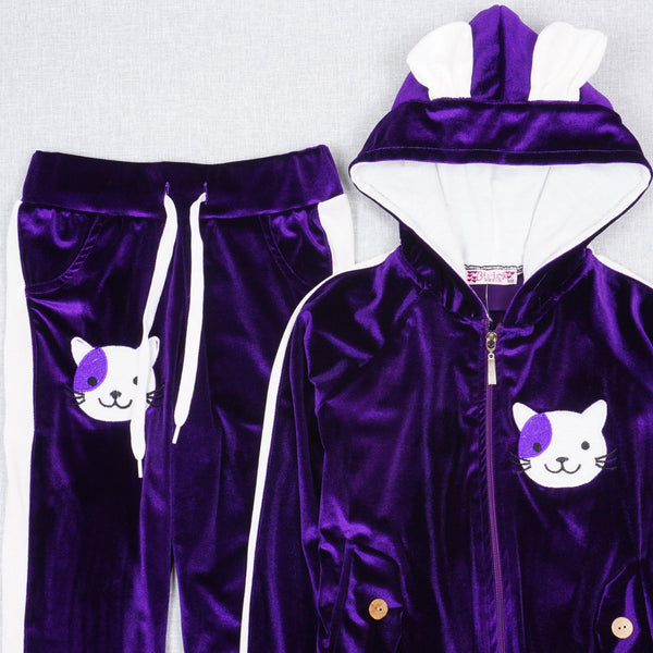 Girls' Velour Cat Tracksuit Pink/Violet  (3-10y) - Clothes4Kids