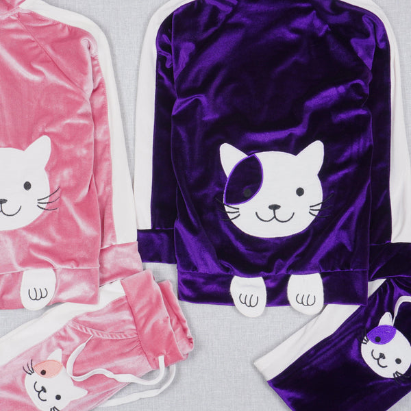 Girls' Velour Cat Tracksuit Pink/Violet  (3-10y) - Clothes4Kids