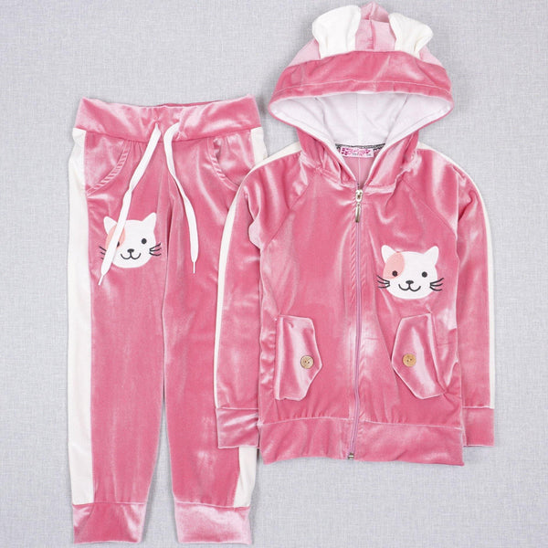 Girls' Velour Cat Tracksuit Pink/Violet  (3-10y) - Clothes4Kids