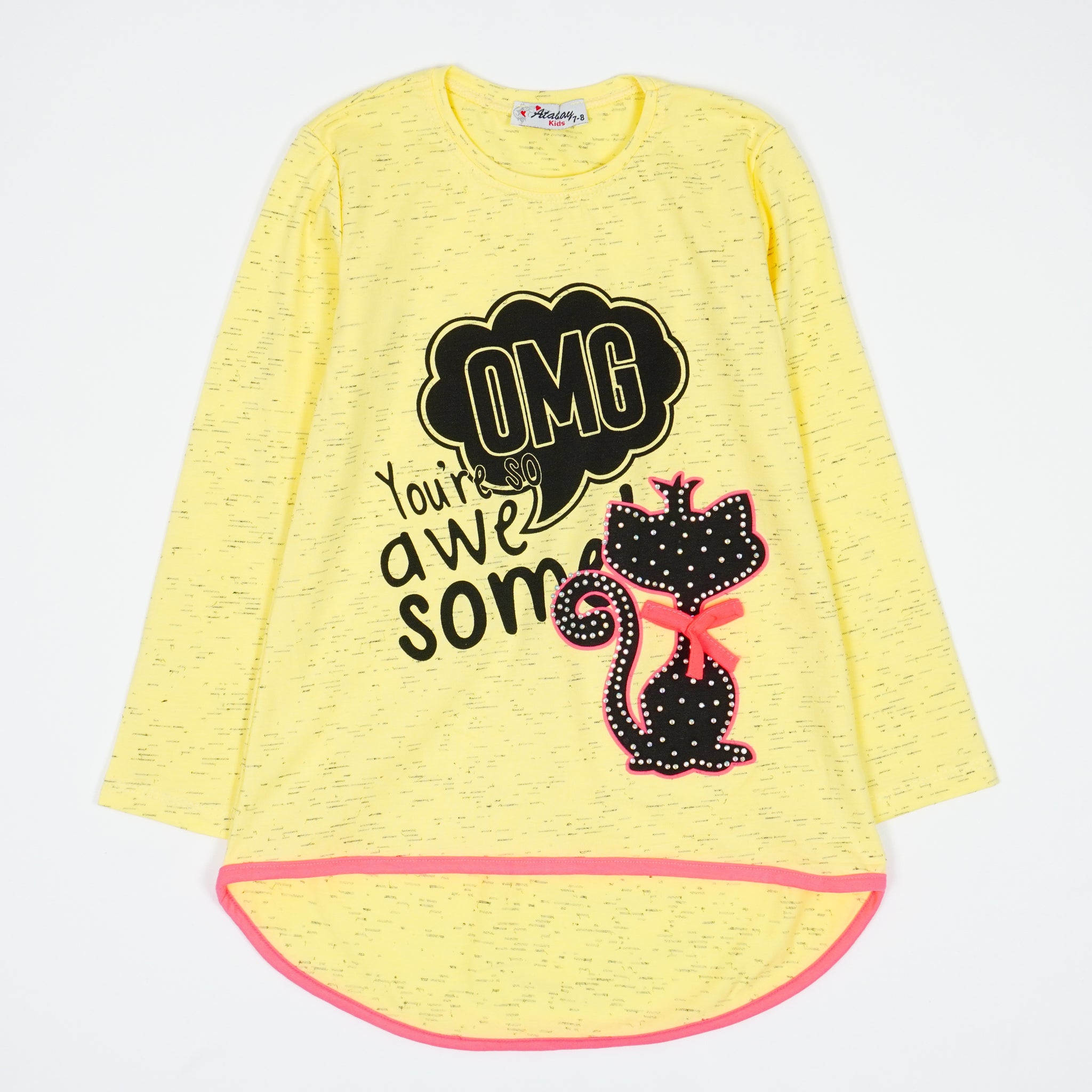 Girls' Long Sleeve 'OMG' Cat Printed Yellow Tunic (4-8y)