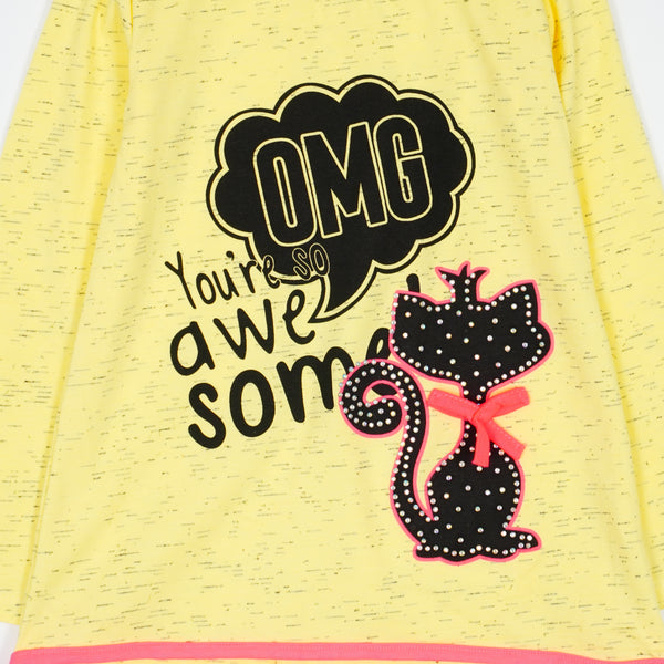 Girls' Long Sleeve 'OMG' Cat Printed Yellow Tunic (4-8y)