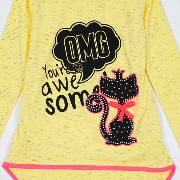 Girls' Long Sleeve 'OMG' Cat Printed Yellow Tunic (4-8y)