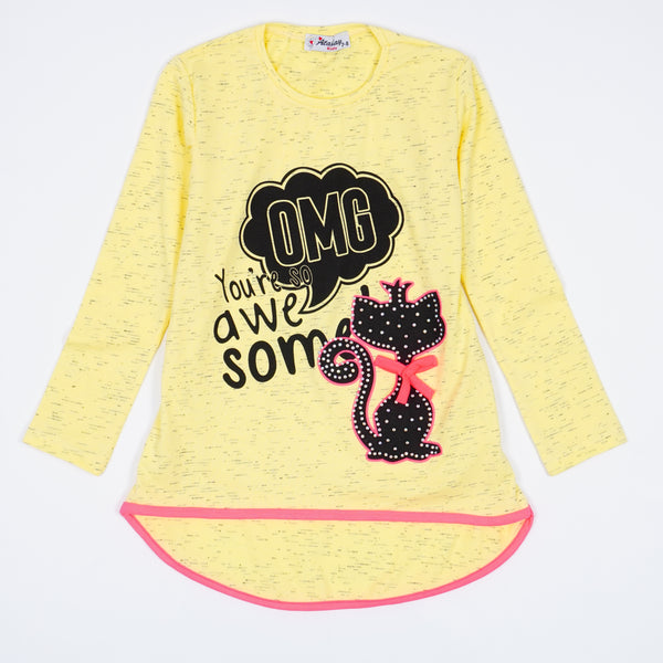 Girls' Long Sleeve 'OMG' Cat Printed Yellow Tunic (4-8y)