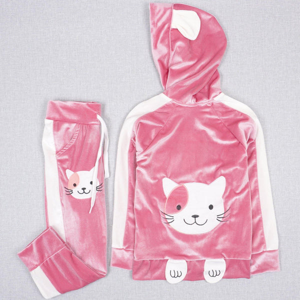 Girls' Velour Cat Tracksuit Pink/Violet  (3-10y) - Clothes4Kids