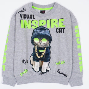 Girls' Visual Inspire Cat' Printed Long Sleeve Light Grey Sweatshirt (6-11y) - Clothes4Kids