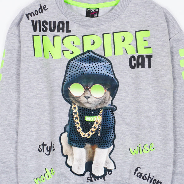 Girls' Visual Inspire Cat' Printed Long Sleeve Light Grey Sweatshirt (6-11y) - Clothes4Kids
