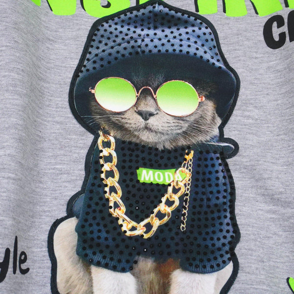 Girls' Visual Inspire Cat' Printed Long Sleeve Light Grey Sweatshirt (6-11y) - Clothes4Kids
