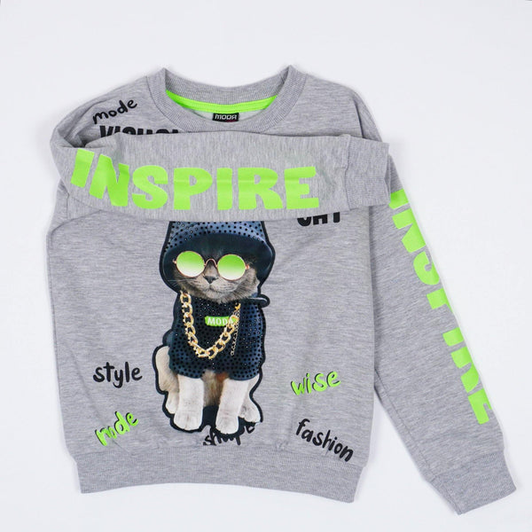 Girls' Visual Inspire Cat' Printed Long Sleeve Light Grey Sweatshirt (6-11y) - Clothes4Kids
