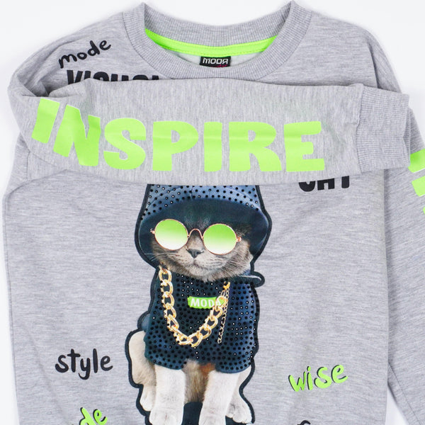 Girls' Visual Inspire Cat' Printed Long Sleeve Light Grey Sweatshirt (6-11y) - Clothes4Kids