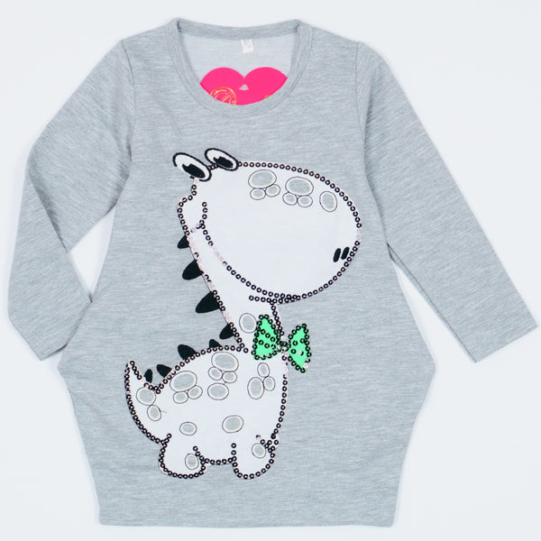 Girls' Sequin Dino ' Light Grey Tunic (2-10y)