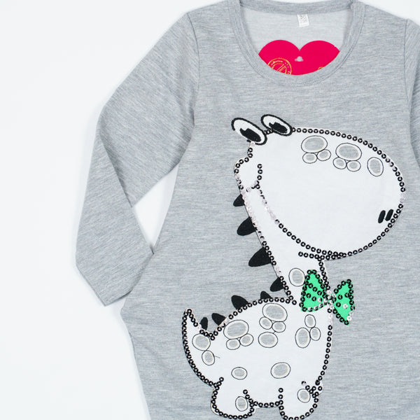 Girls' Sequin Dino ' Light Grey Tunic (2-10y)