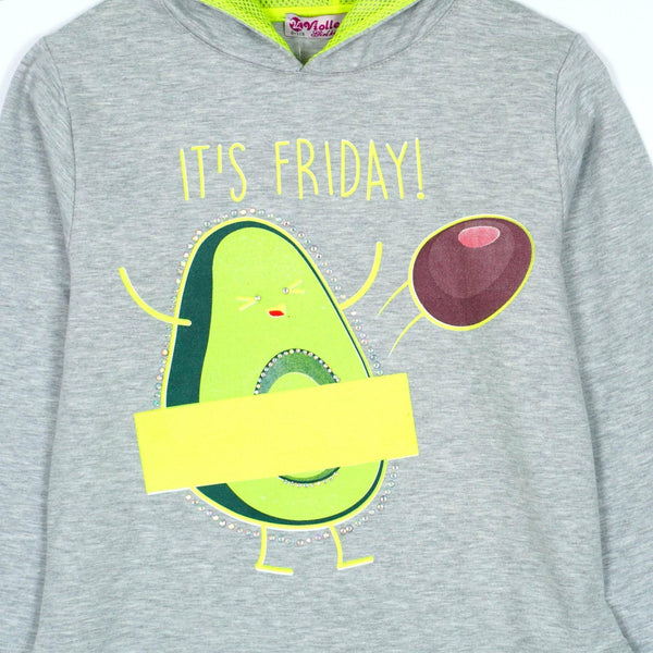 Girls' It's Friday! Avocado ' Printed Light Grey Long Sleeve Hoodie (7-12y) - Clothes4Kids