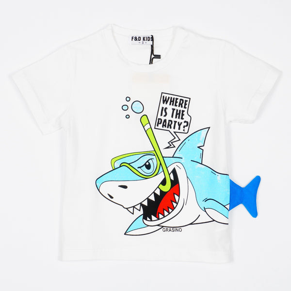 Boys' Where Is The Party?' Shark Printed White T-Shirt (1-4y) - Clothes4Kids
