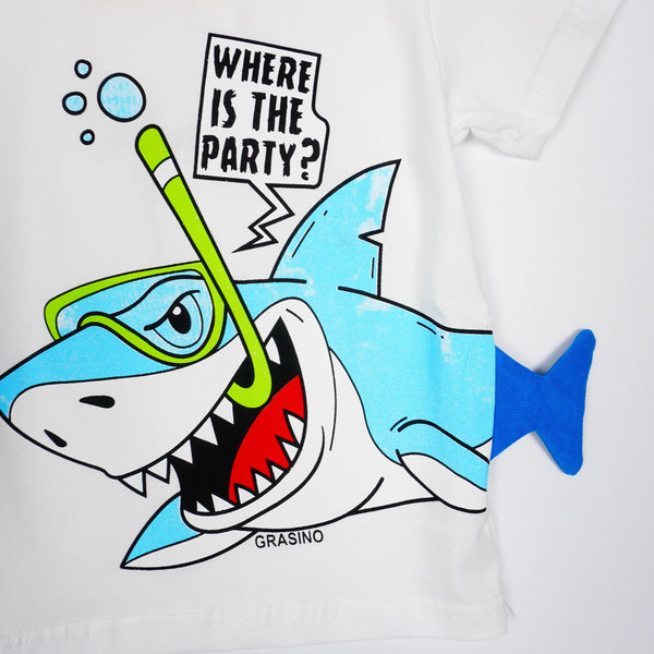 Boys' Where Is The Party?' Shark Printed White T-Shirt (1-4y) - Clothes4Kids