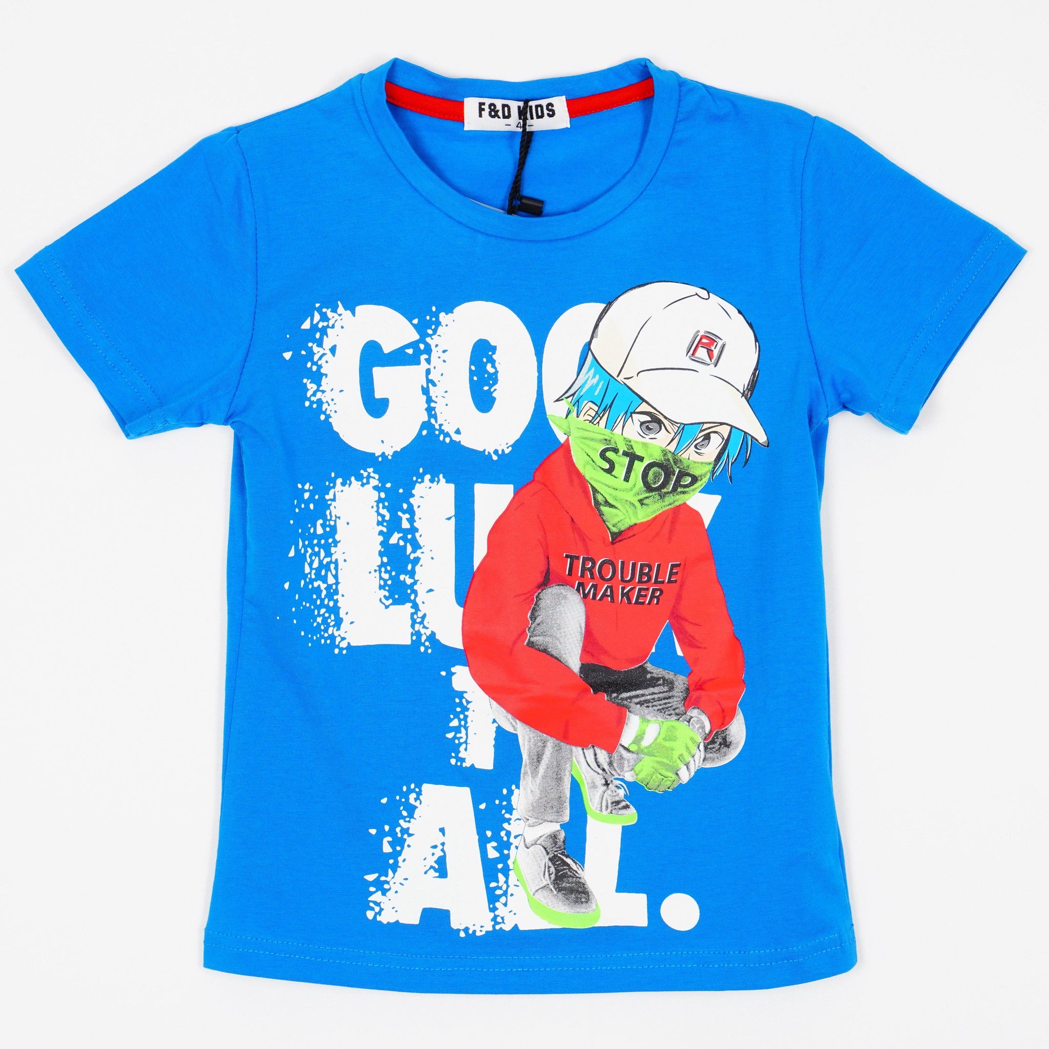 Boys' Trouble Maker' Printed Blue T-Shirt (3-8y) - Clothes4Kids